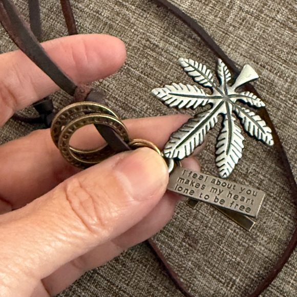 Other - Long Necklace, Leather Silver & Brown Leaf Pendant Necklace, Handmade Jewelry